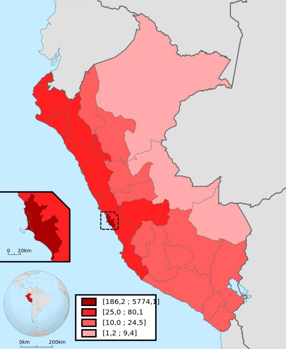 Peru gostota prebivalstva zemljevid