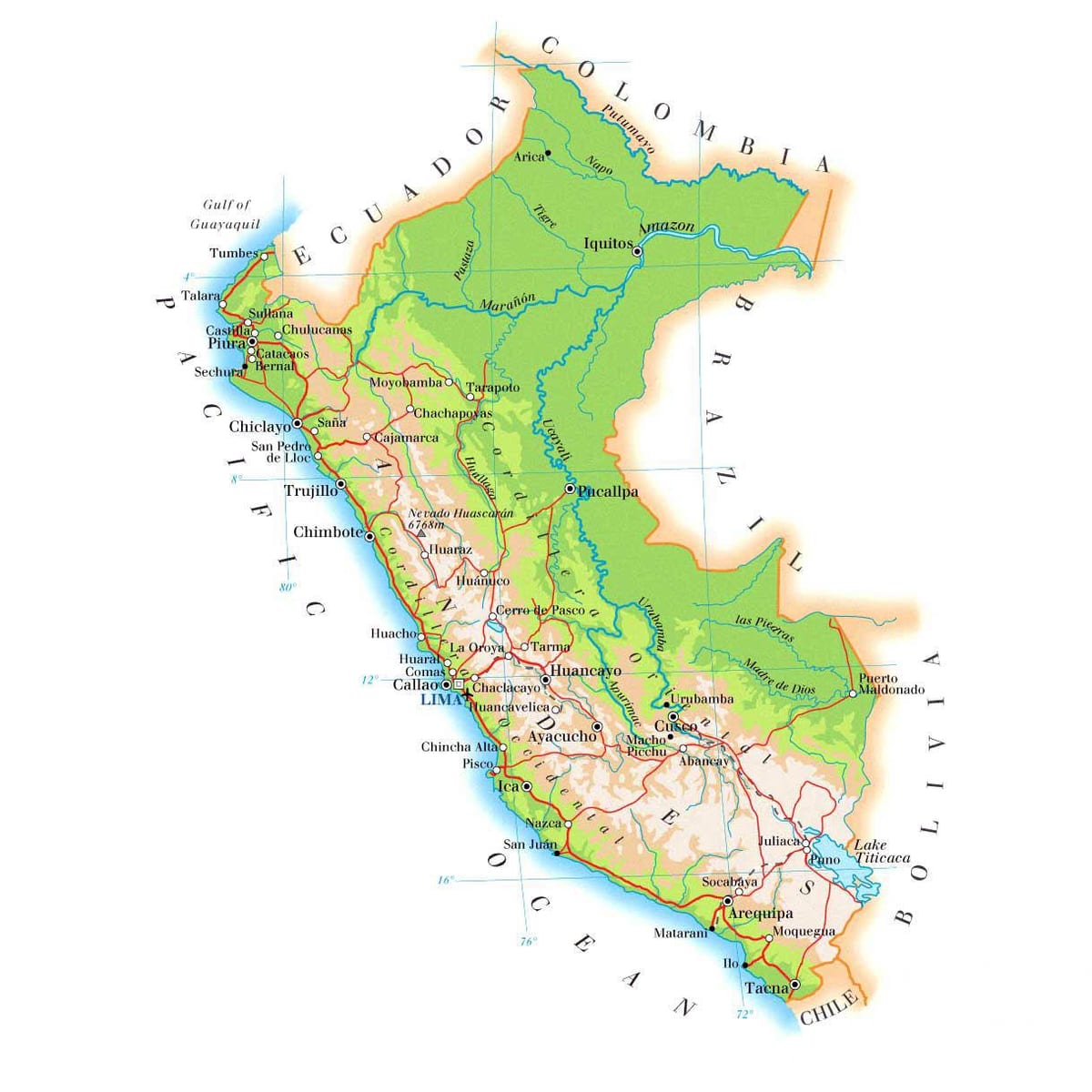zemljevid fizični zemljevid Peru
